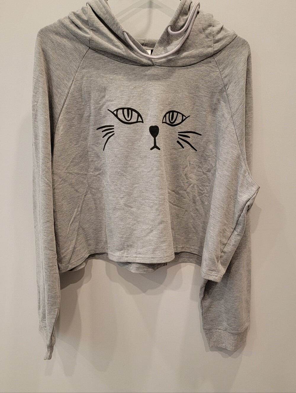 NWOT - Gray Cat Face Cropped Hoodie - XXL